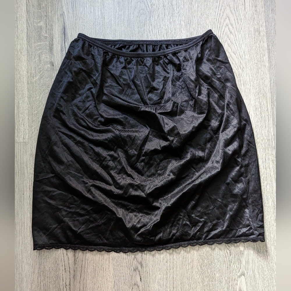 Vintage 90s Black Satin Lace Slip Mini Skirt M Made in Canada